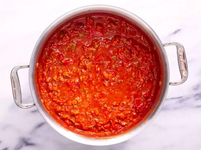 A large pot of simmering Wendy's chili