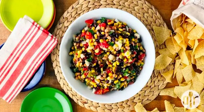 A bowl of bean salad next to tortilla chips and plates