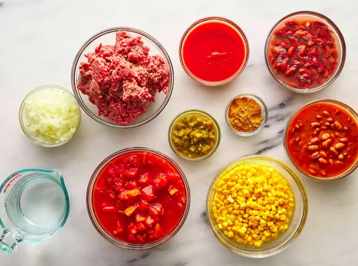 All ingredients are ready to prepare the slow cooker taco soup.