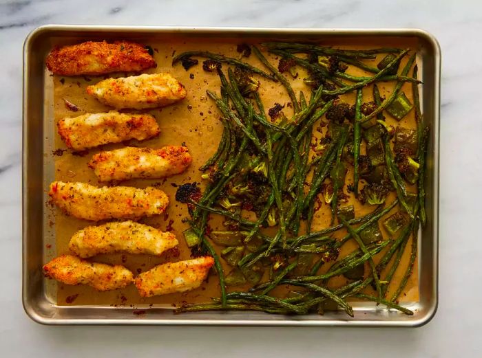 Sheet pan chicken and veggies, ready to serve