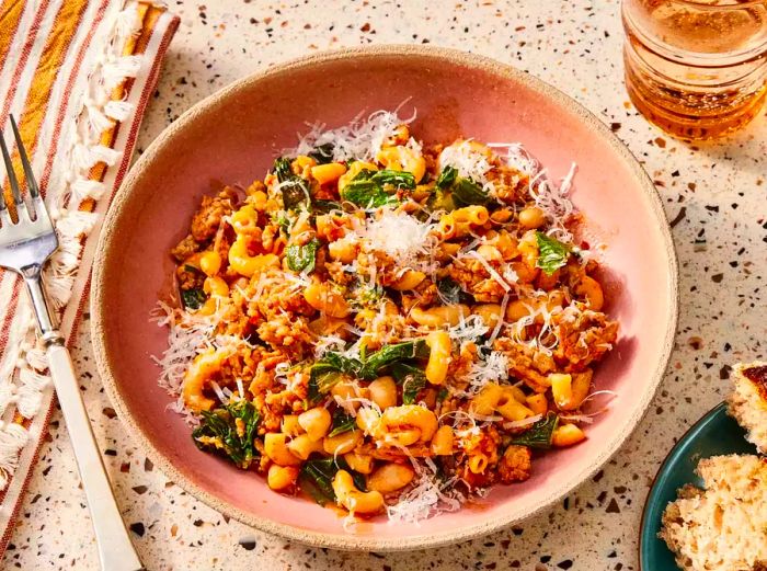 A bowl of Pasta e Fagioli, garnished with grated cheese, set on a table ready to serve.