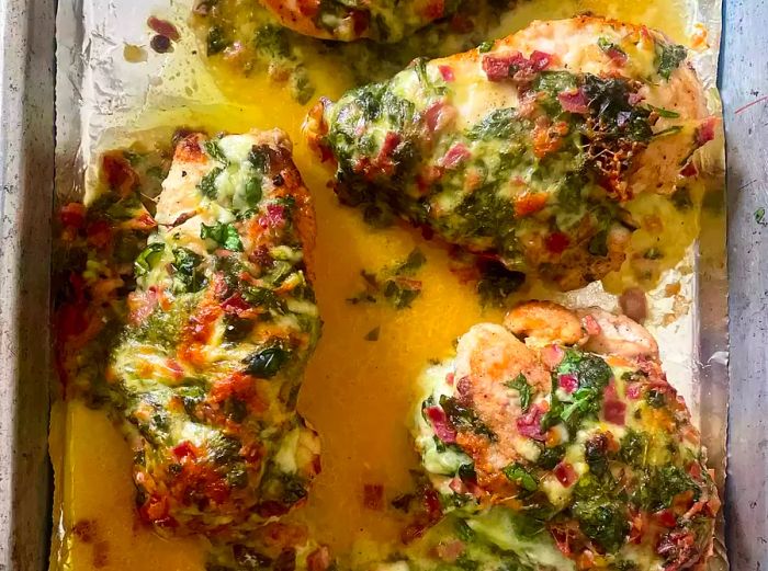 A close-up view of chicken breast stuffed with spinach, blue cheese, and bacon, resting on a baking sheet.