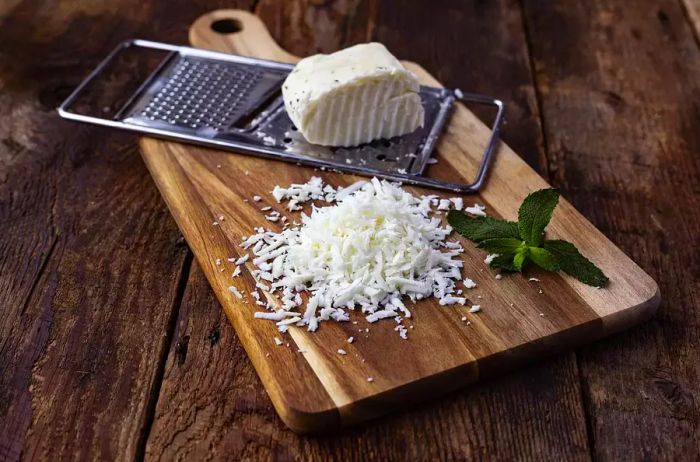 Grated halloumi cheese arranged on a wooden cutting board