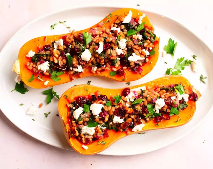 Savory stuffed butternut squash beautifully served on a platter.