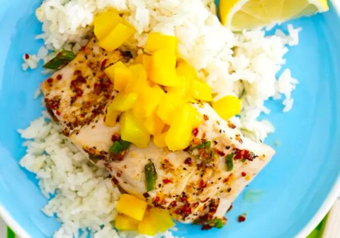 Mahi Mahi with Coconut Rice and Mango Salsa