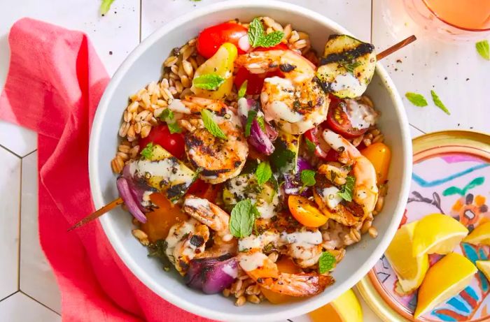 A top-down view of a shrimp grain bowl, featuring a colorful and fresh combination of ingredients.