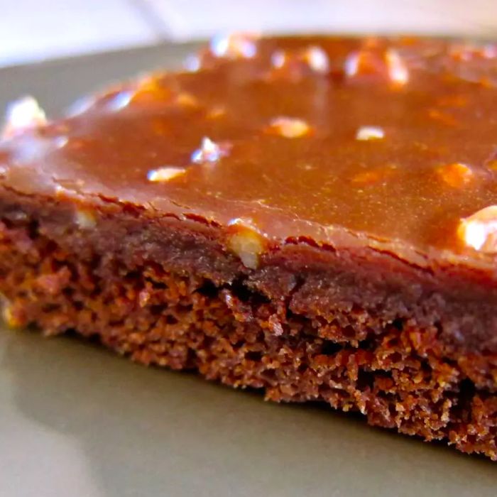 A close-up of a square piece of chocolate cake topped with rich chocolate-walnut frosting, served on a plate.