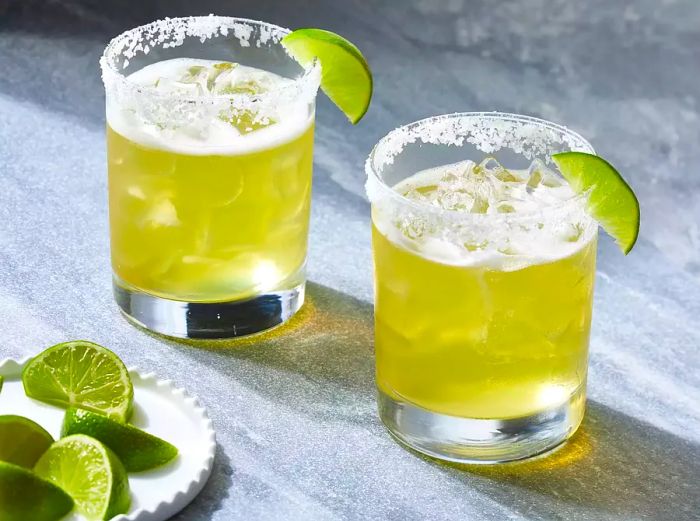 Classic margaritas with lime on the rocks