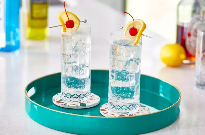 A photo of Collins glasses garnished with fruit