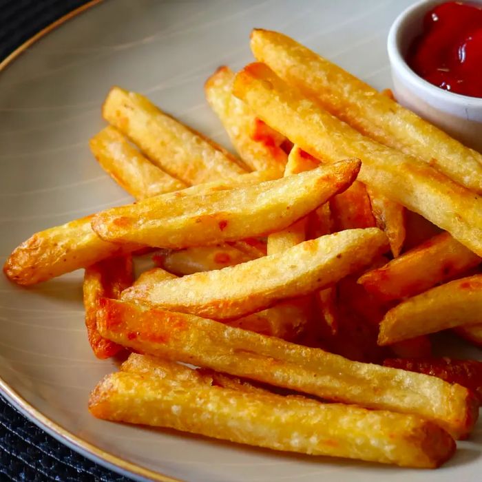 A plate of crispy French fries accompanied by a small dish of ketchup