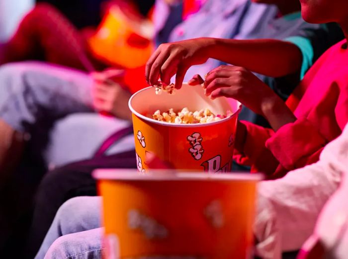 Group of friends passing popcorn around in a movie theater