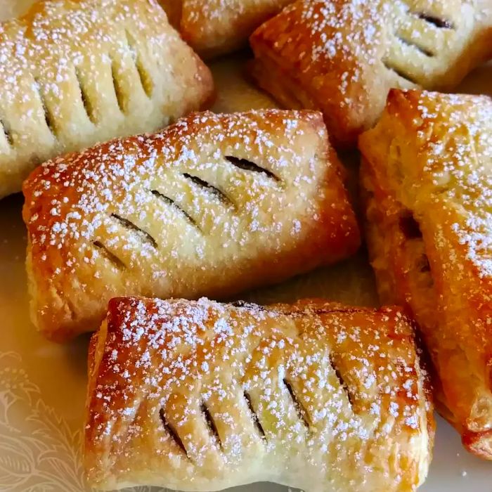 Raspberry Pain au Chocolat (Raspberry Chocolate Croissants) dusted with powdered sugar