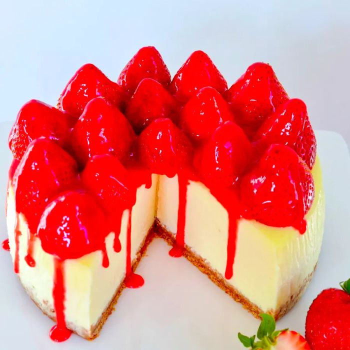 Chantal's classic New York cheesecake topped with fresh strawberries and a sweet strawberry glaze