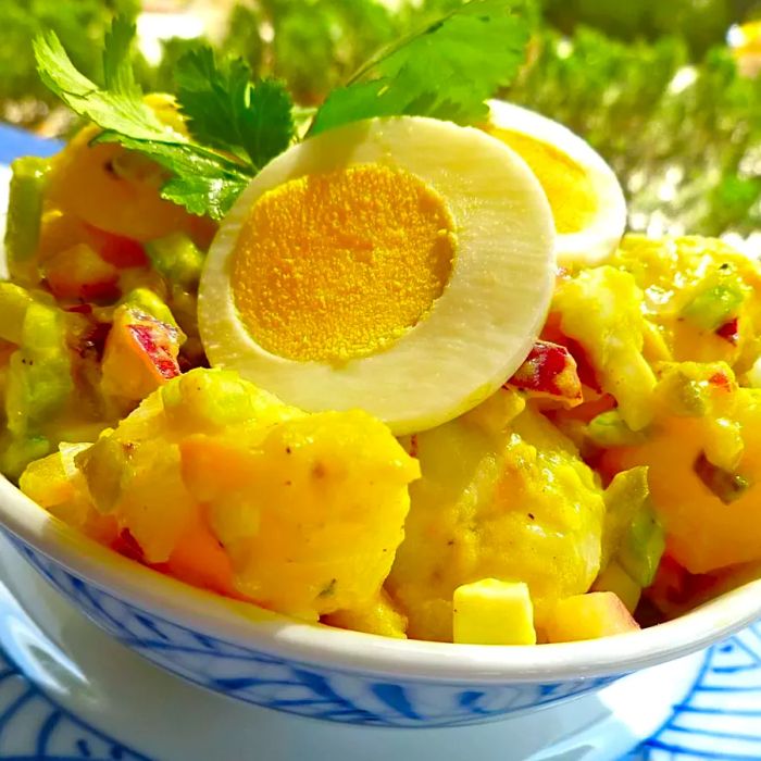 Potato salad with hard-boiled eggs in a bowl