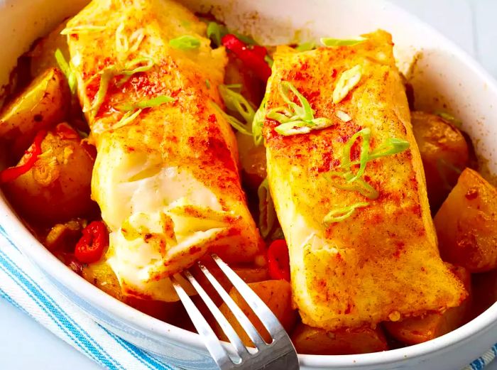 Sea Bass à la Michele, garnished with green onions, in a baking dish, ready to be served with a fork