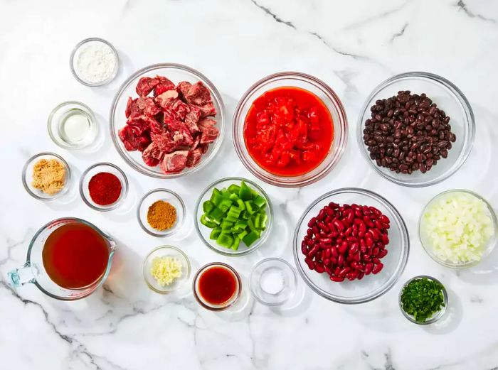 All ingredients prepared for slow cooker stew meat chili