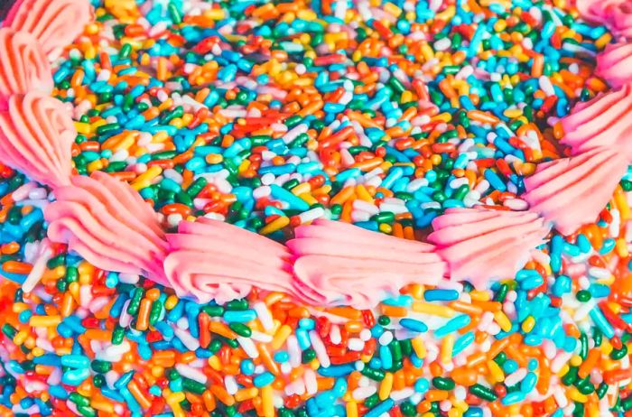 Close-Up of a Birthday Cake Topped with Colorful Rainbow Sprinkles