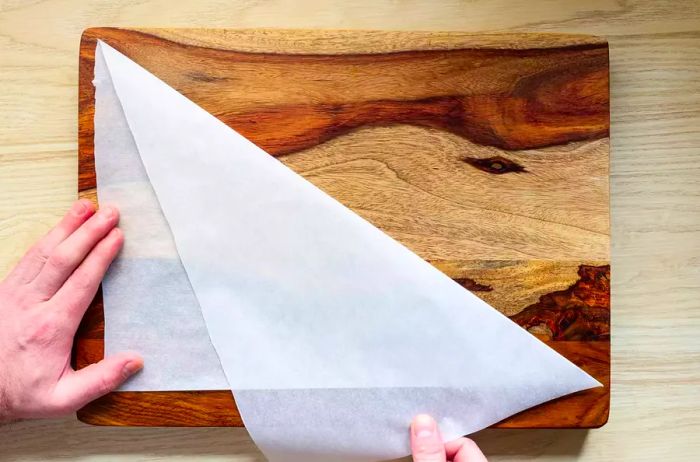 Folding a rectangular piece of parchment paper into two triangles