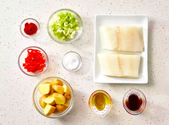 Ingredients for Michele's Sea Bass arranged on the counter