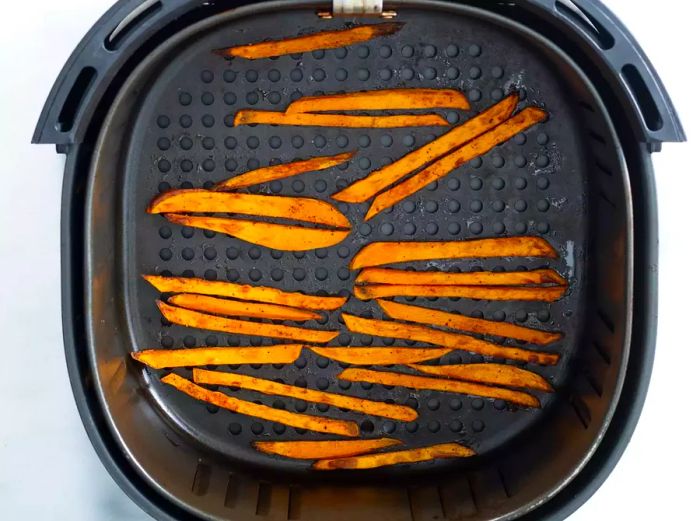 An overhead shot of perfectly crisped air fryer sweet potato fries.