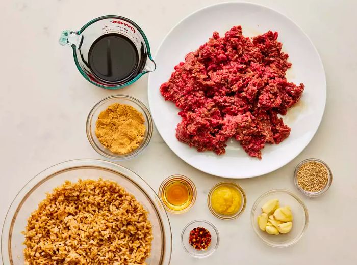 Ingredients for preparing a simple Korean ground beef bowl