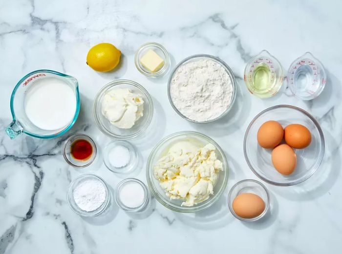 All the ingredients are ready to make the cheese blintzes.