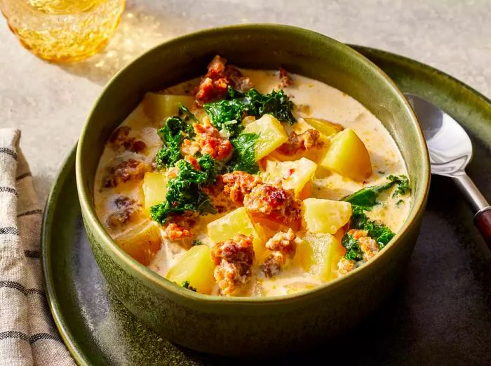 A bowl filled with sausage, potato, and kale soup