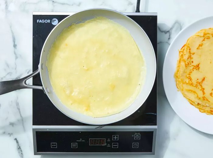 Swirl the batter around the skillet and cook until the surface looks dry.