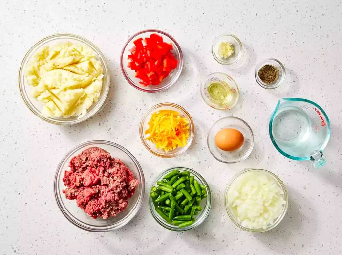 The ingredients needed for making a delicious Ground Beef Shepherd's Pie.