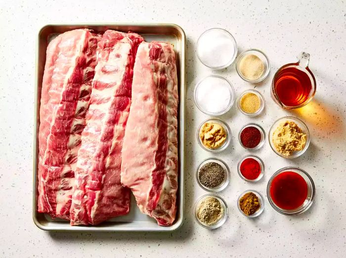 All the ingredients are now ready to make the sweet smoked pork ribs.