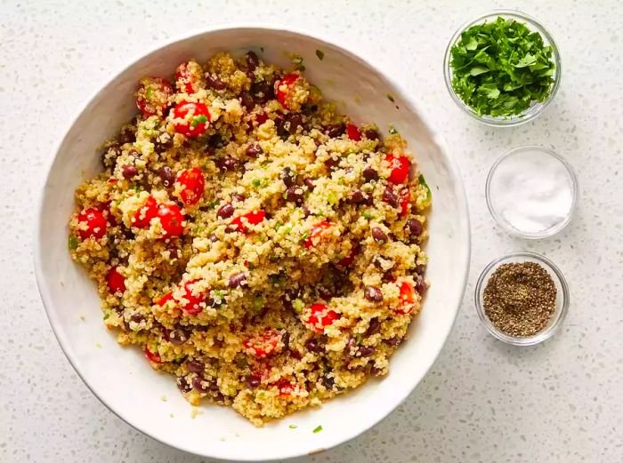 overhead view of quinoa salad in a bowl