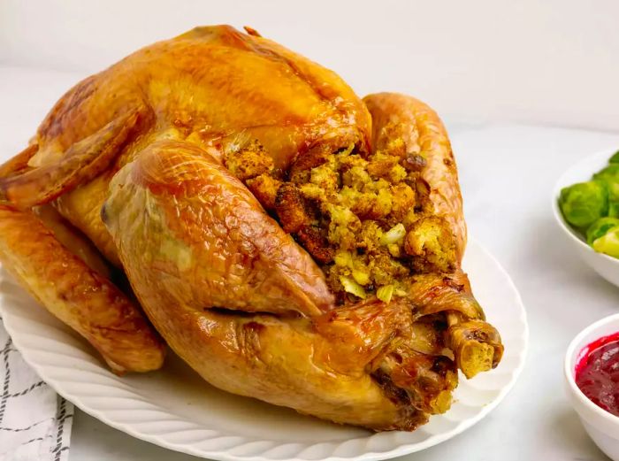 A mid-level shot of a golden-brown turkey on a white oval platter, filled with traditional stuffing.