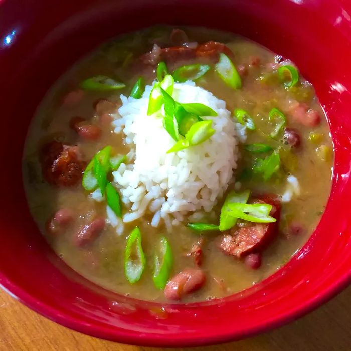 Close-up shot of a bowl of Red Beans and Rice garnished with green onions.