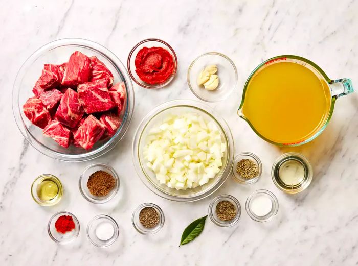 All ingredients prepared and ready for making Chef John's beef goulash.