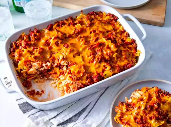 A top-down view of Grandma's delicious ground beef casserole.