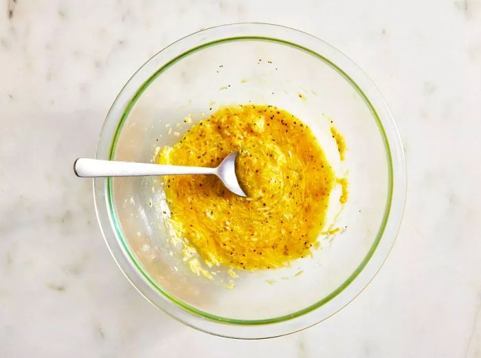 Overhead shot of the carbonara pasta sauce mixture