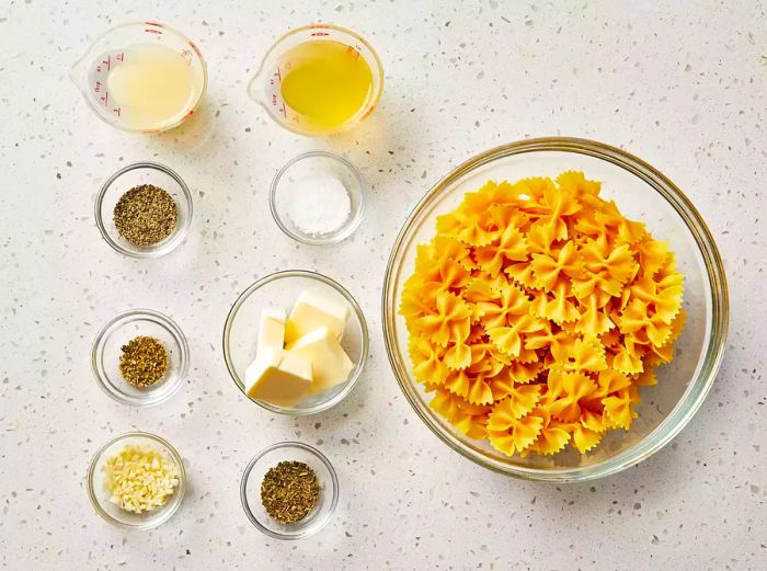 All ingredients are ready to prepare the lemon butter herb pasta.