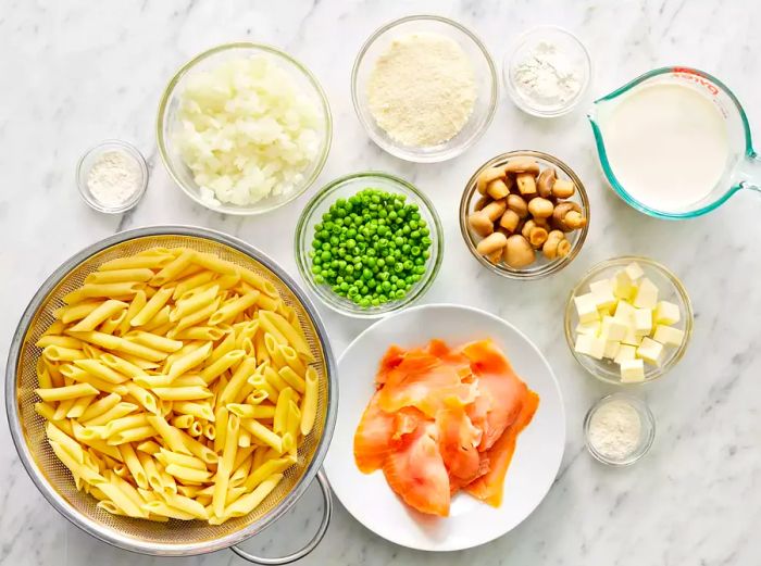 A bird's-eye view of all the ingredients for the creamy smoked salmon pasta