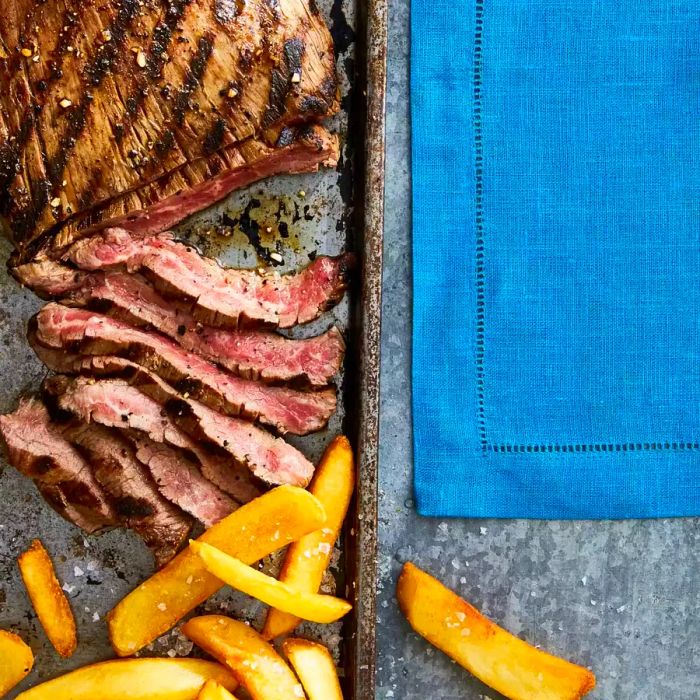 overhead view of sliced flank steak