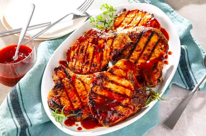 A family-style platter of the World's Best Honey Garlic Pork Chops, topped with extra sauce and fresh herbs for added flavor.