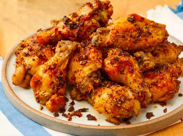 A top-down view of a plate filled with golden, crispy garlic parmesan chicken wings