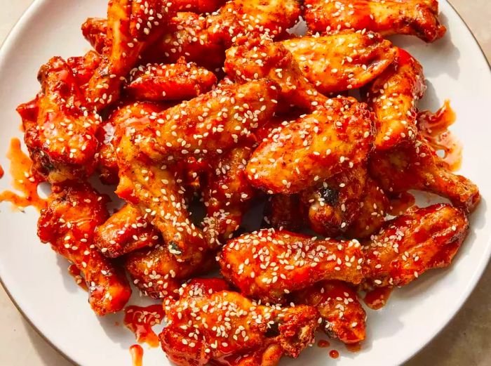 A close-up of a plate filled with crispy honey sriracha chicken wings, topped with sesame seeds.