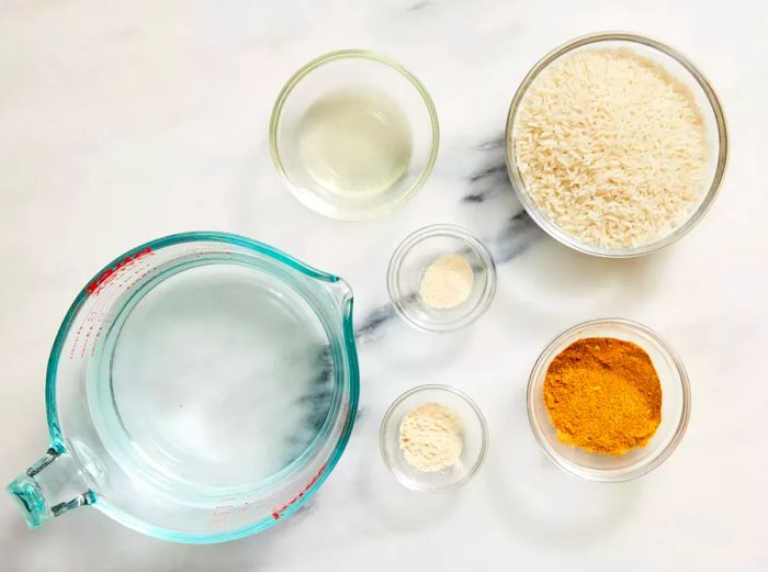 All the ingredients are prepared for making the Mexican tomato rice.