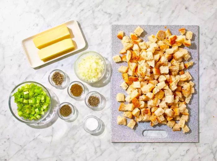 All ingredients are ready for preparing homemade bread stuffing.