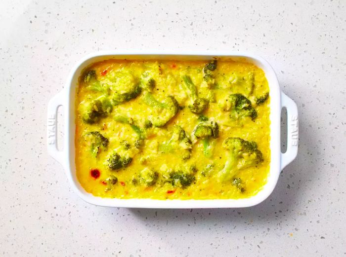 A fully baked cheesy broccoli and rice casserole