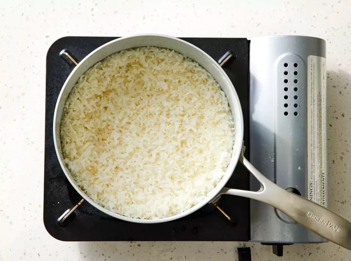 Cooked rice after it has finished cooking