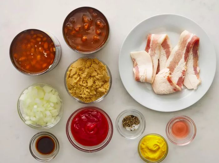 All ingredients ready for baked beans preparation