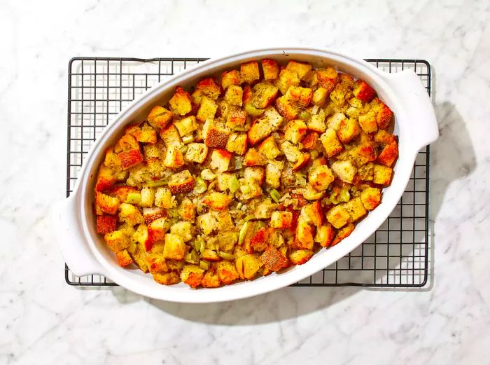 The bread stuffing is baked until it’s beautifully browned.