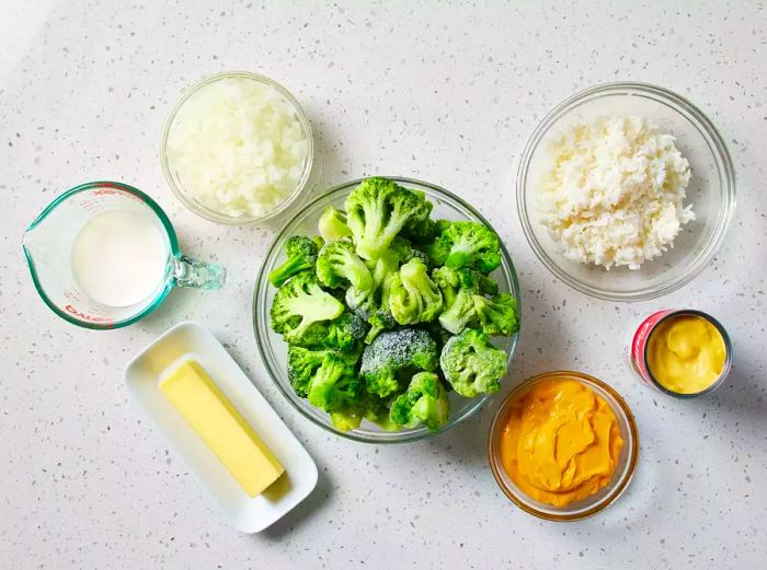 Ingredients for the cheesy broccoli and rice casserole