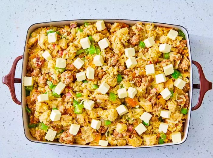 A greased baking dish filled with Southern Italian Thanksgiving stuffing, topped with butter cubes